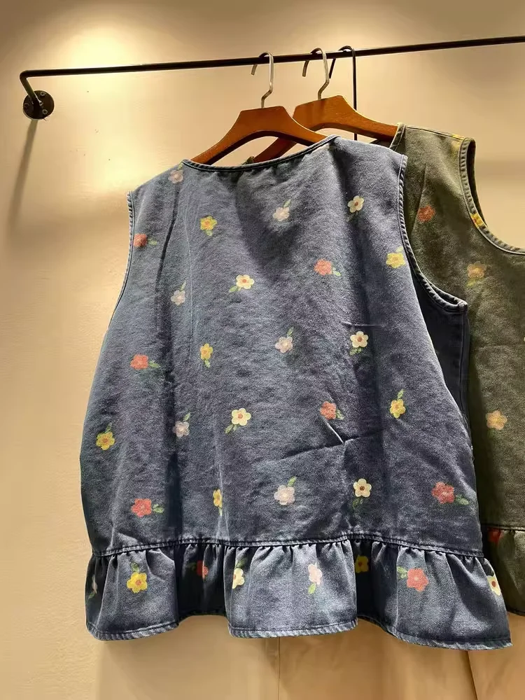 2027 Mori Kei Clothing Japan Style Floral Denim Vest for Women Summer Spring Original Sleeveless Denim Jacket Waistcoat
