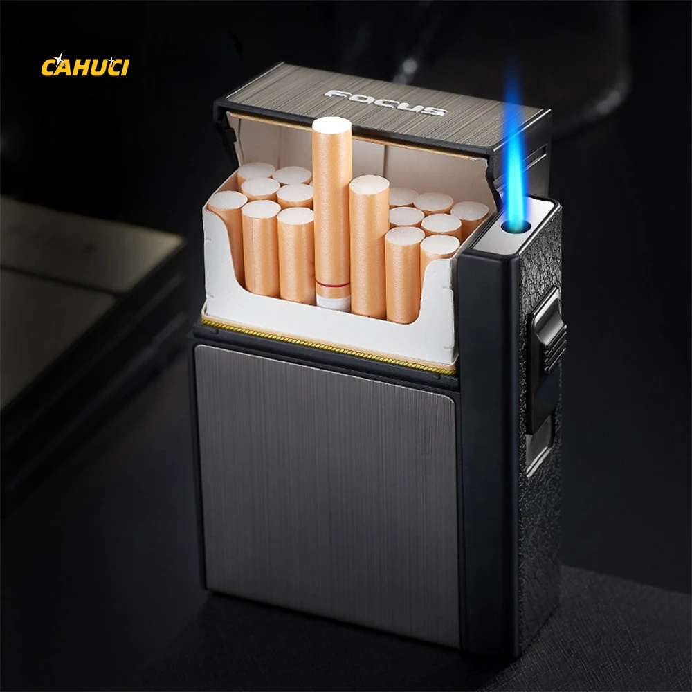 Metal Cigarette Box Automatic 20pcs Cigarette Case Cigarette Capacity Lighter Gas Lighter Turbo For Men Smoking Accessories