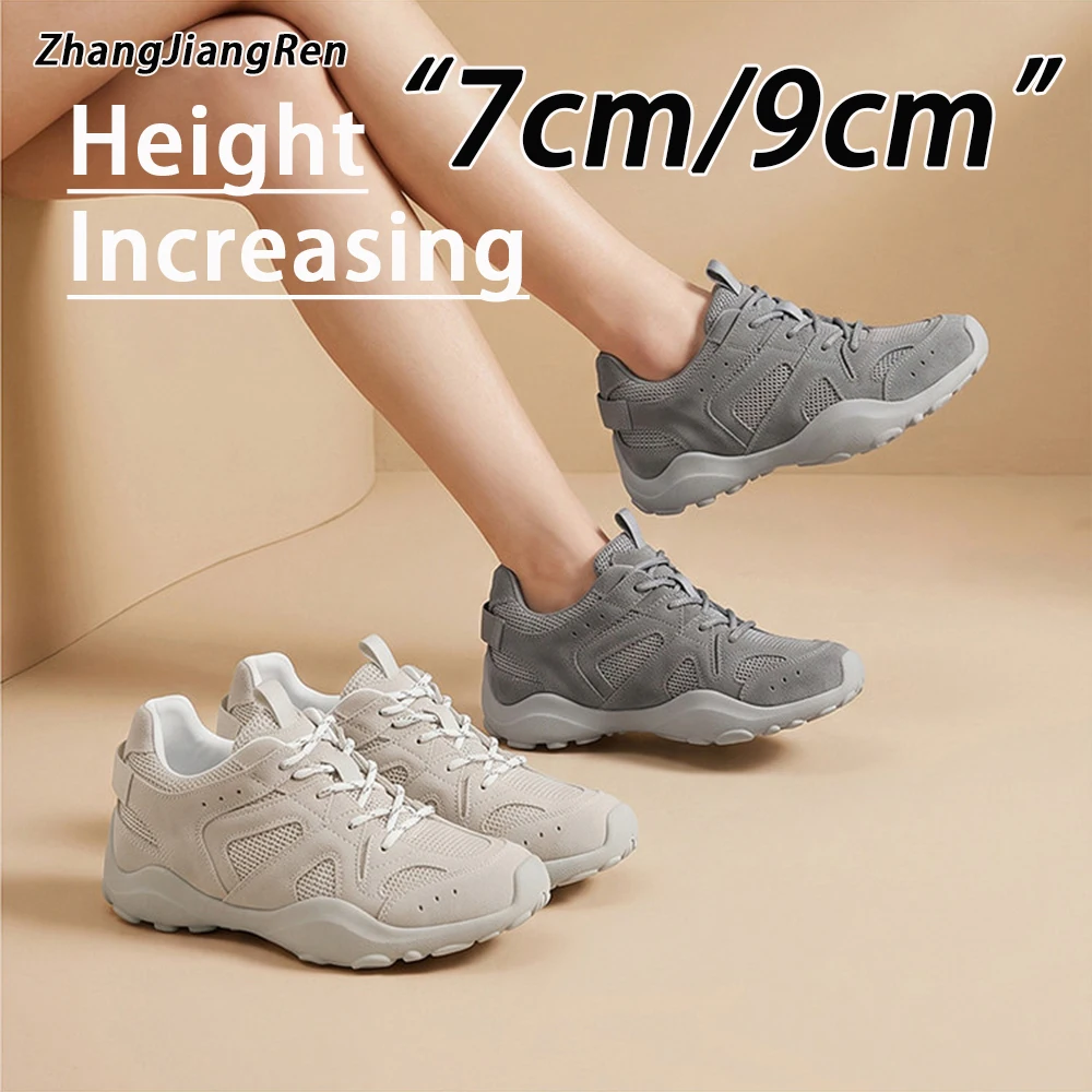 ZJR 7cm/9cm Women's Height Increasing Sneakers Invisible Elevator Shoes Suede & Mesh Breathable Sneakers Genuine Leather Shoes
