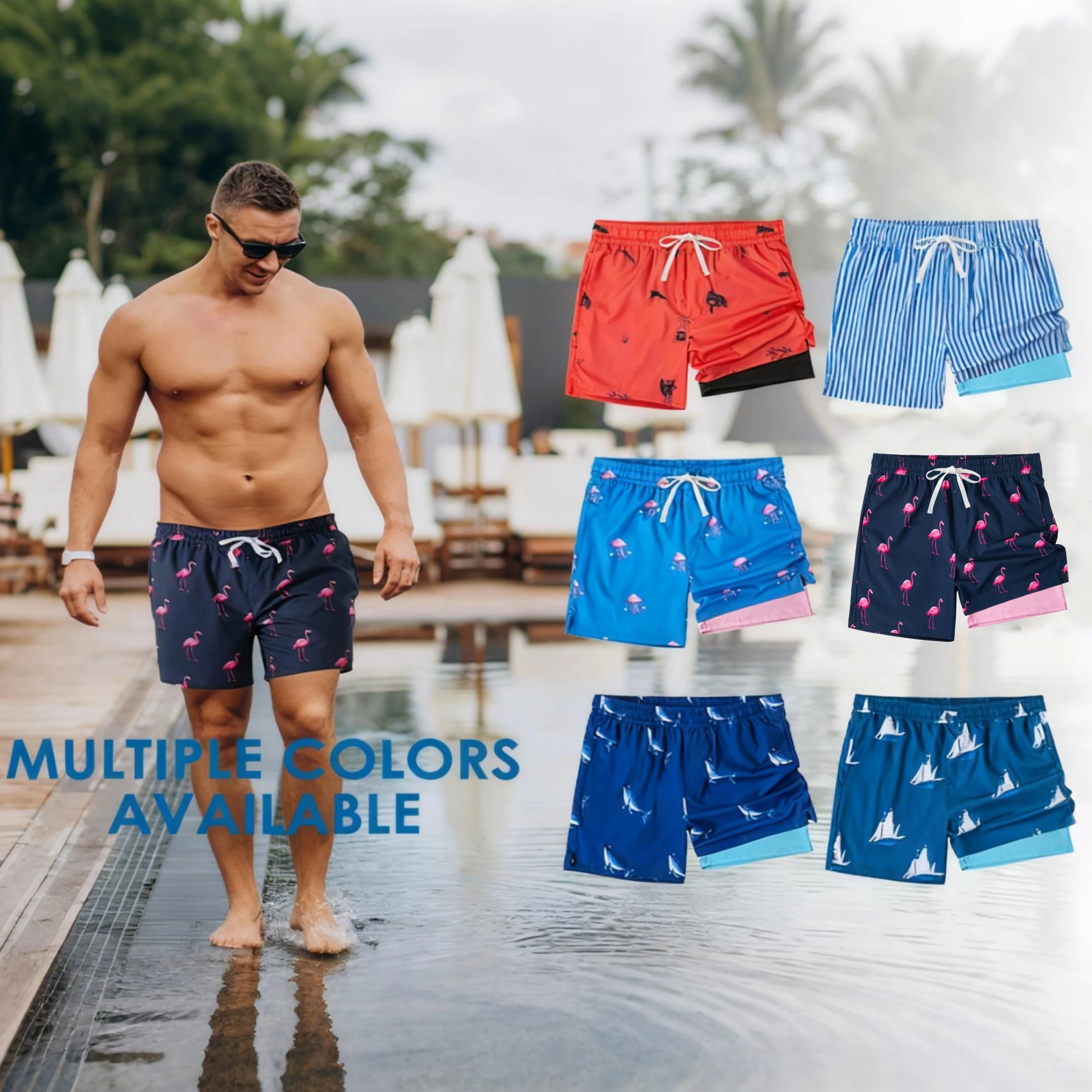 

Summer men's casual shorts, printed swimming pants, elastic and quick-drying fabric, with pockets, Hawaiian style