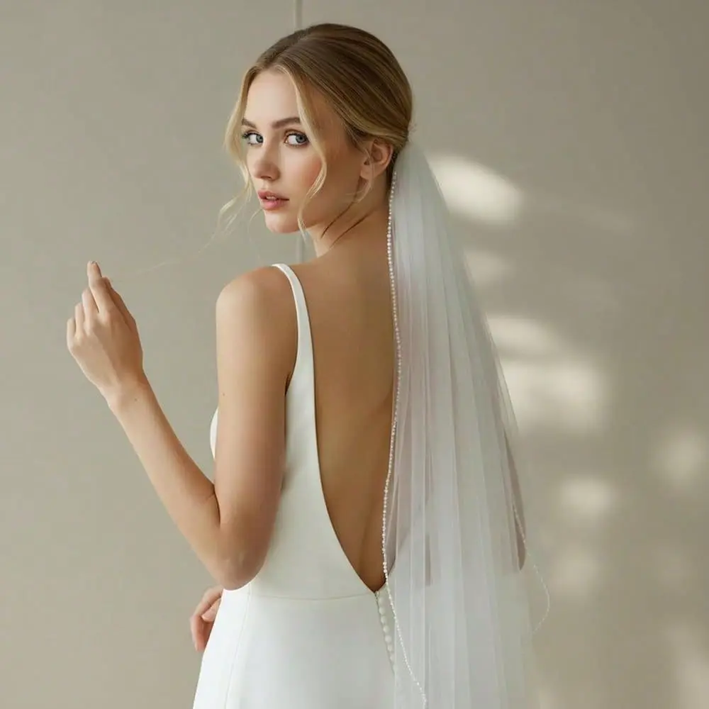 Veil Pearl Beaded Edge 1 Tier Fingertip Length Wedding Veil With Comb