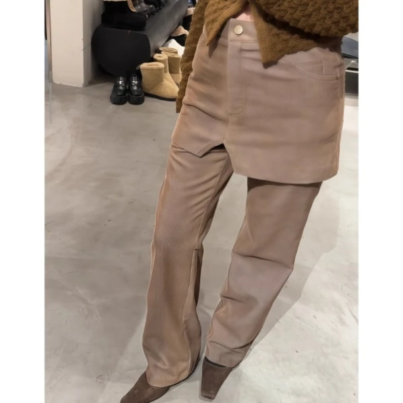 American Retro Corduroy Brown Women's Skirt Pants 2025 Winter New Loose Splicing Design Versatile Straight-Leg Trousers Ladies