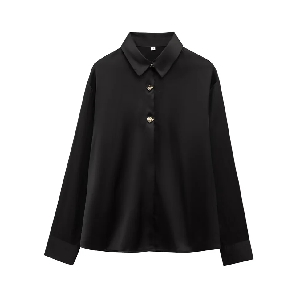 

UNIZERA women's gold breasted silk textured shirt with solid color decoration for spring and summer new casual women's clothing