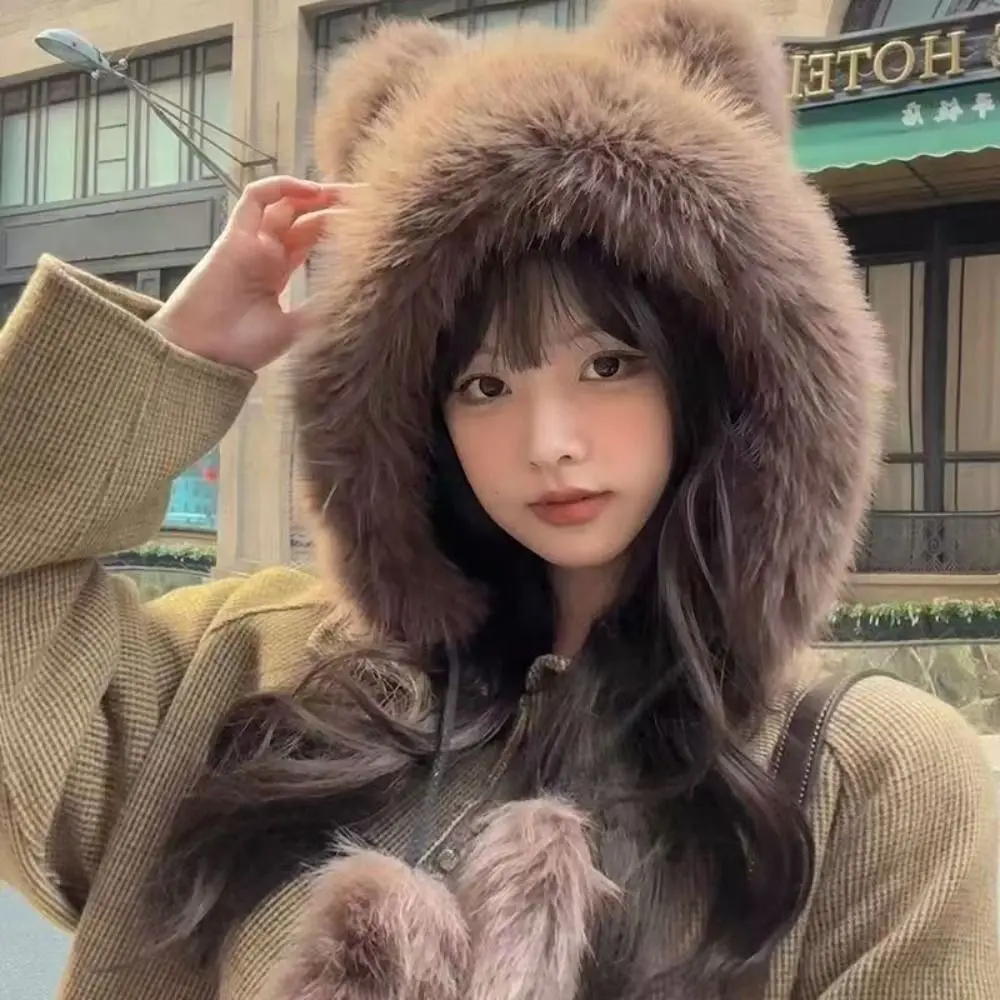 New Warm Winter Hat Bear Ear Thickened Ear Protection Hat Wool Soft Fluffy Bucket Hat Women