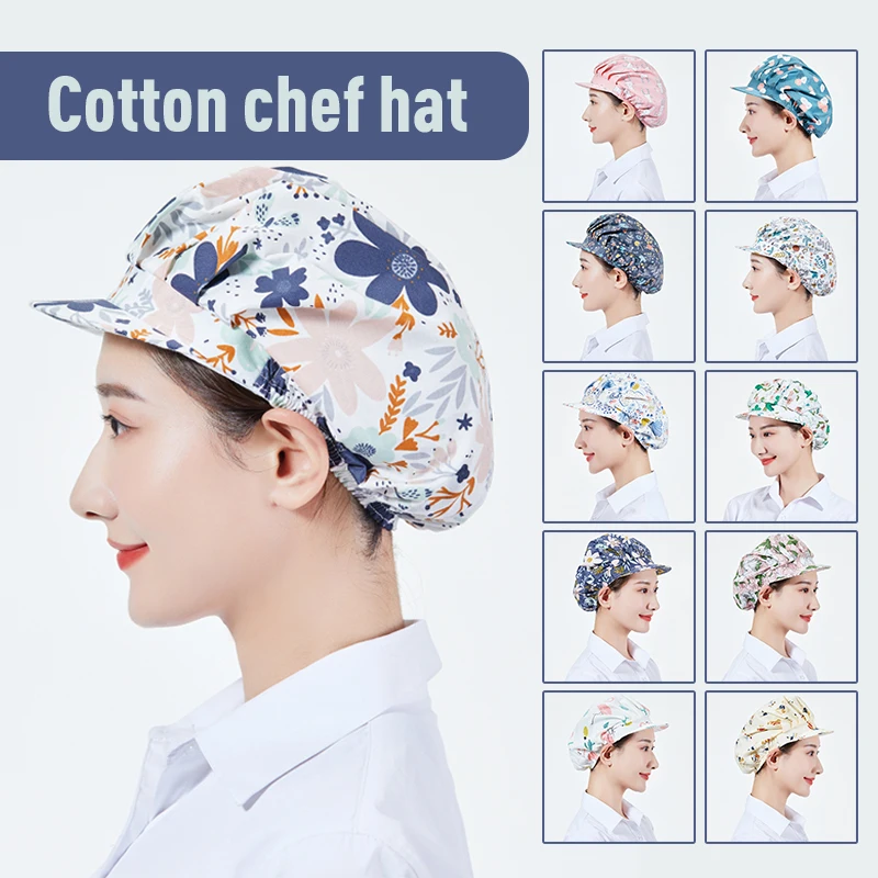 Printed Chef Hat Restaurant Kitchen Dustproof Cooking Hats Breathable Hotel Chef Waiter Work Uniform Sanitary Cap With Brim