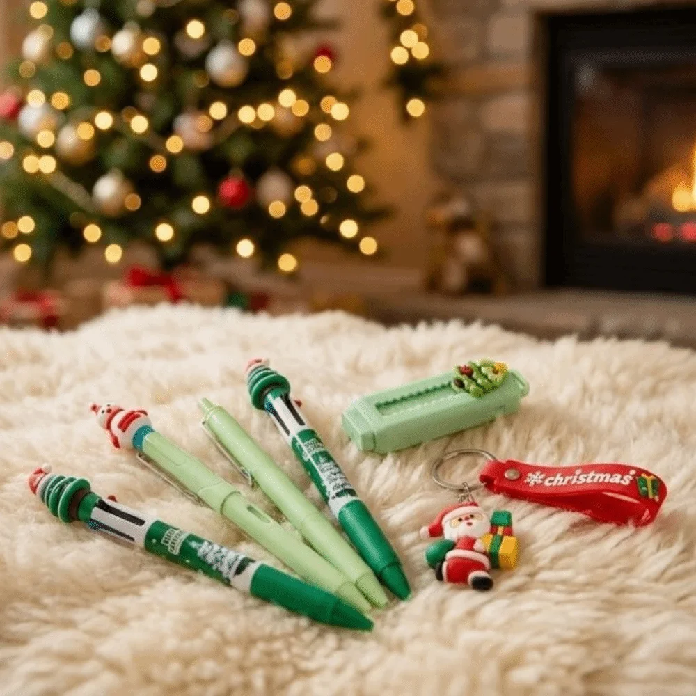 5Pcs/Set 4-color Ballpoint Pen Christmas Stationery Set Highlighter Pen Pencils Study Stationery Gifts Santa Keychain Portable