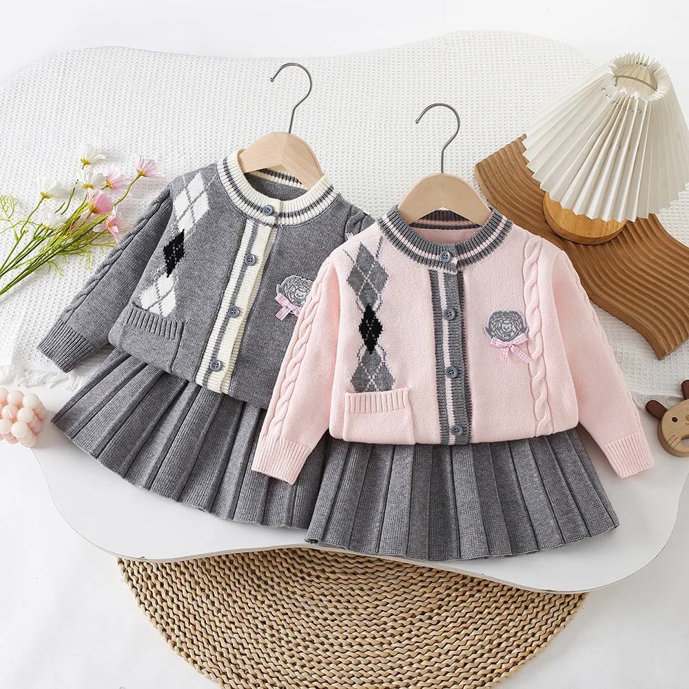 baby-girls-sweater-clothes-set-geometric-college-style-knitting-coat-pleated-skirt-2pcs-toddler-kids-skirts-suit-child-outfits