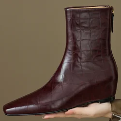 Women's genuine leather 5cm wedge med heel square toe back zip autumn ankle boots casual female slim daily short booties shoes