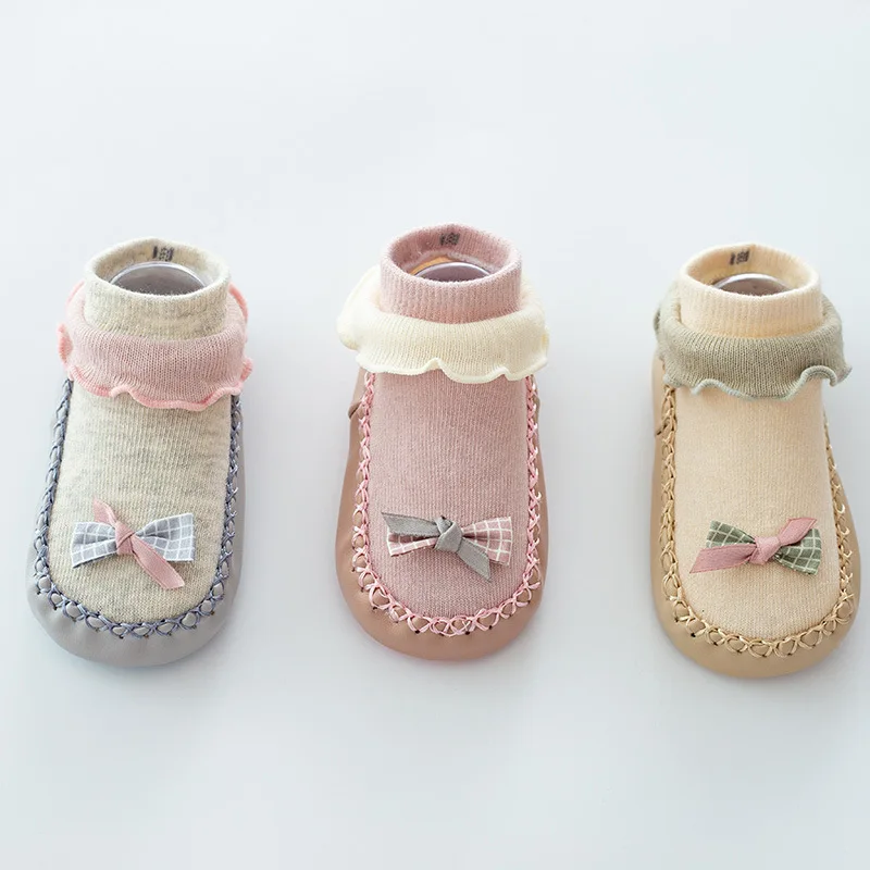 

Autumn Winter Cartoon Baby Leather Soled Socks Baby Walking Floor Socks Butterfly Knot Anti Slip Children's Soft Soled Shoes