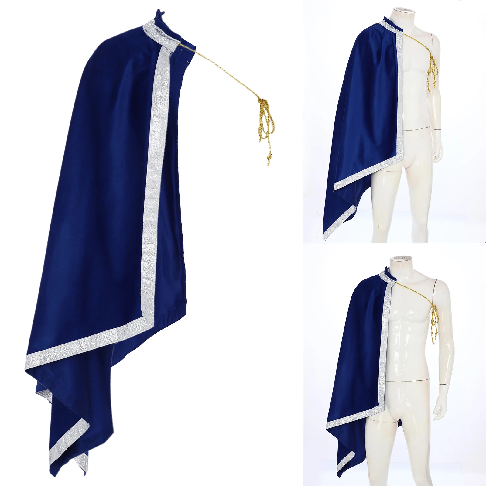 

Men Renaissance Gladiator Knight Cloak Half Shoulder Drawstring Collar Retro Pattern Trim Shawl Cape for Warrior Samurai Cosplay