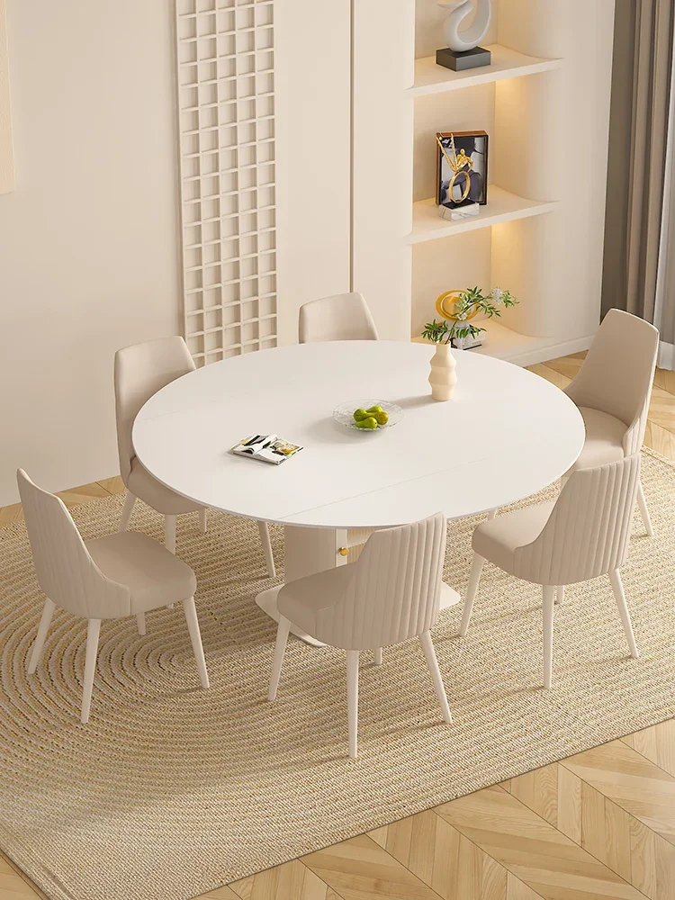 Stone Plate Dining Table round Table Modern Minimalist French Cream Style Retractable Dining Table and Chair Home