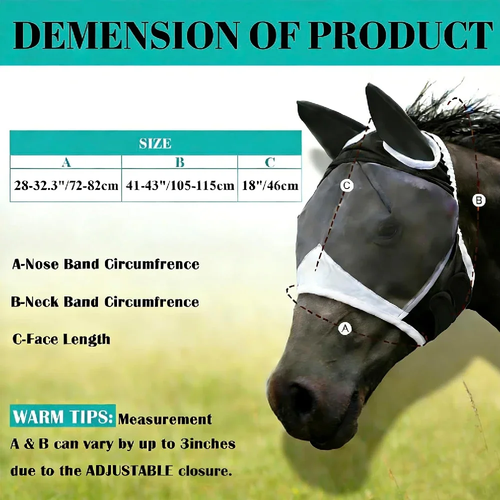 1Pcs Horse Fly Mask, Breathable Comfortable Adjustable Horse Face Cover, Quick‑Dry Anti‑Insect Mask for Summer Season