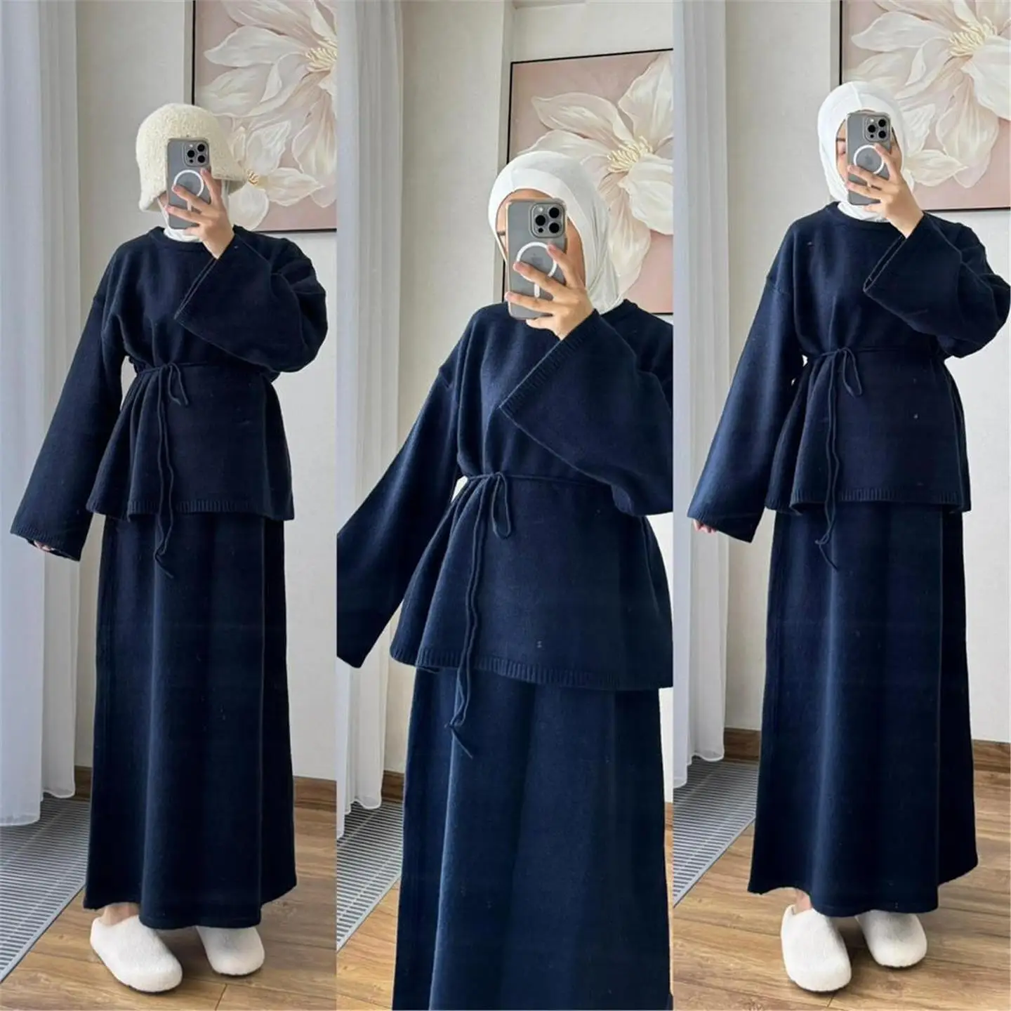 Loose Casual Long Sleeve Women's Top with Belted Wide Leg Half Skirt Autumn New Style Cross-Border Fashion Ladies' Clothing