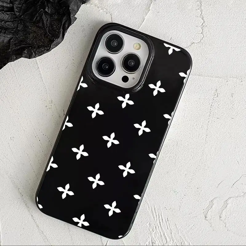 White Diamond Shaped Flower Black Phone Case For iPhone 17 AIR 16 15 14 13 12 11 PRO MAX MINI 7 8 PLUS Cover