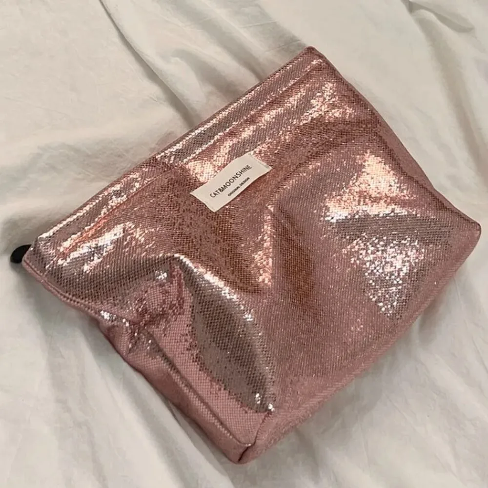 Portable Shiny Sequins Makeup Bag Large Capacity Zipper Organizer Pouch Toiletries Skincare Storage Bag Women