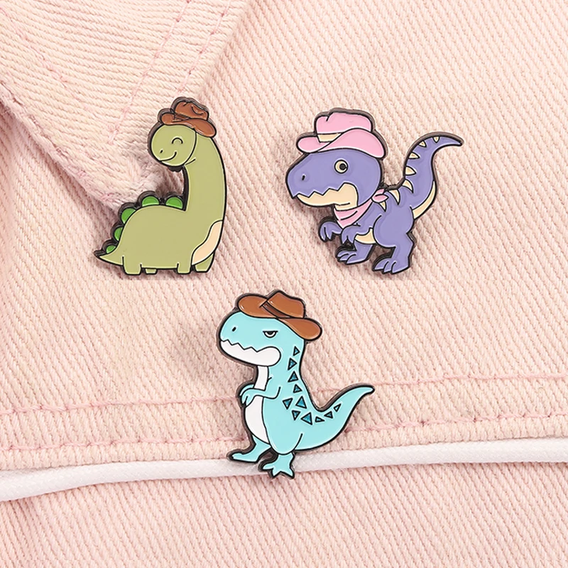 Cartoon Dinosaur With Cowboy Hat Enamel Pin Cute T-Rex Brontosaurus Animal Brooches Lapel Badge Funny Jewelry Gifts for Friends
