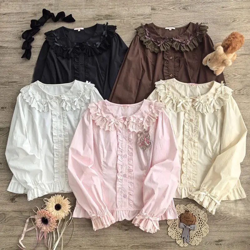 Japanese Lolita Kawaii Sweet Shirt Y2k Aesthetic Lace Patchwork Bow Blouse Tops Women JK Single Breasted Slim Fit Blusas