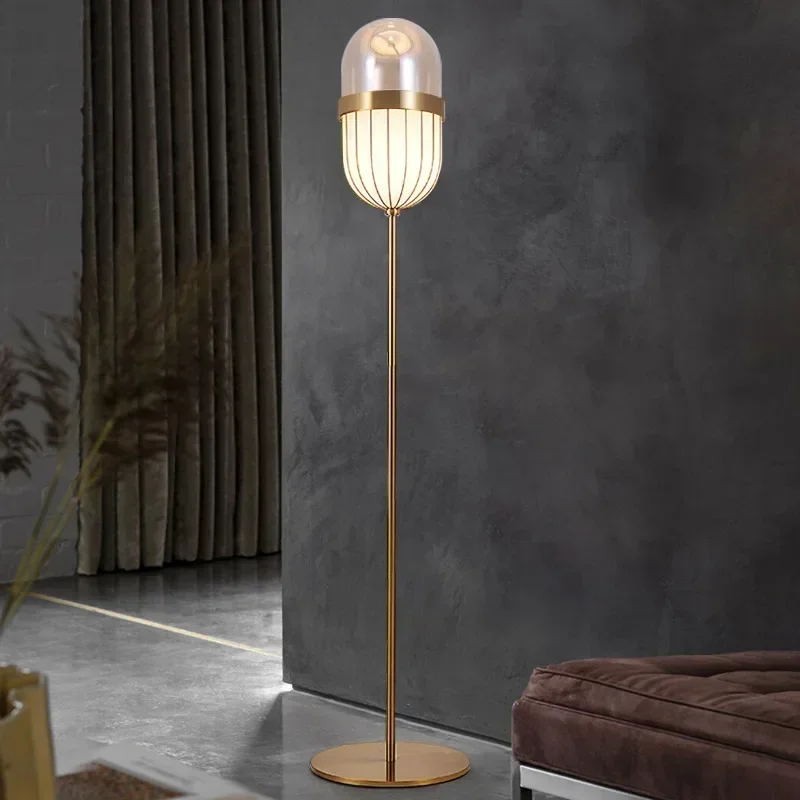 Modern Contemporary Golden Steel Metal Floor Lighting Standing Lamp With Lantern Glass LED Gold Novelty European Nordic OGS/ OEM
