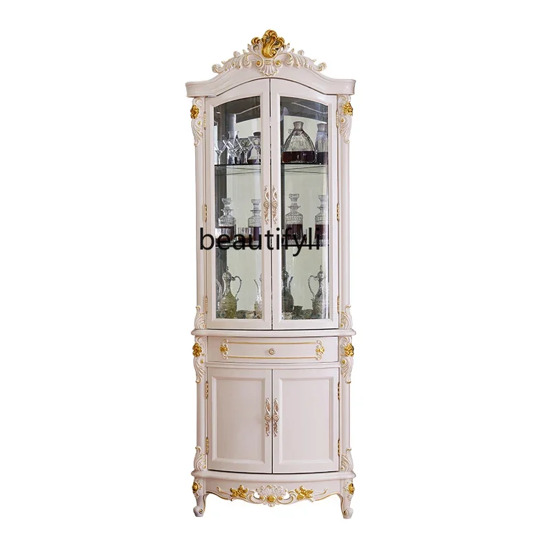 Solid Wood Triangle Wine Cabinet European-Style Living Room Ivory White Corner Cabinet Wall Wine Cabinet Glass Door