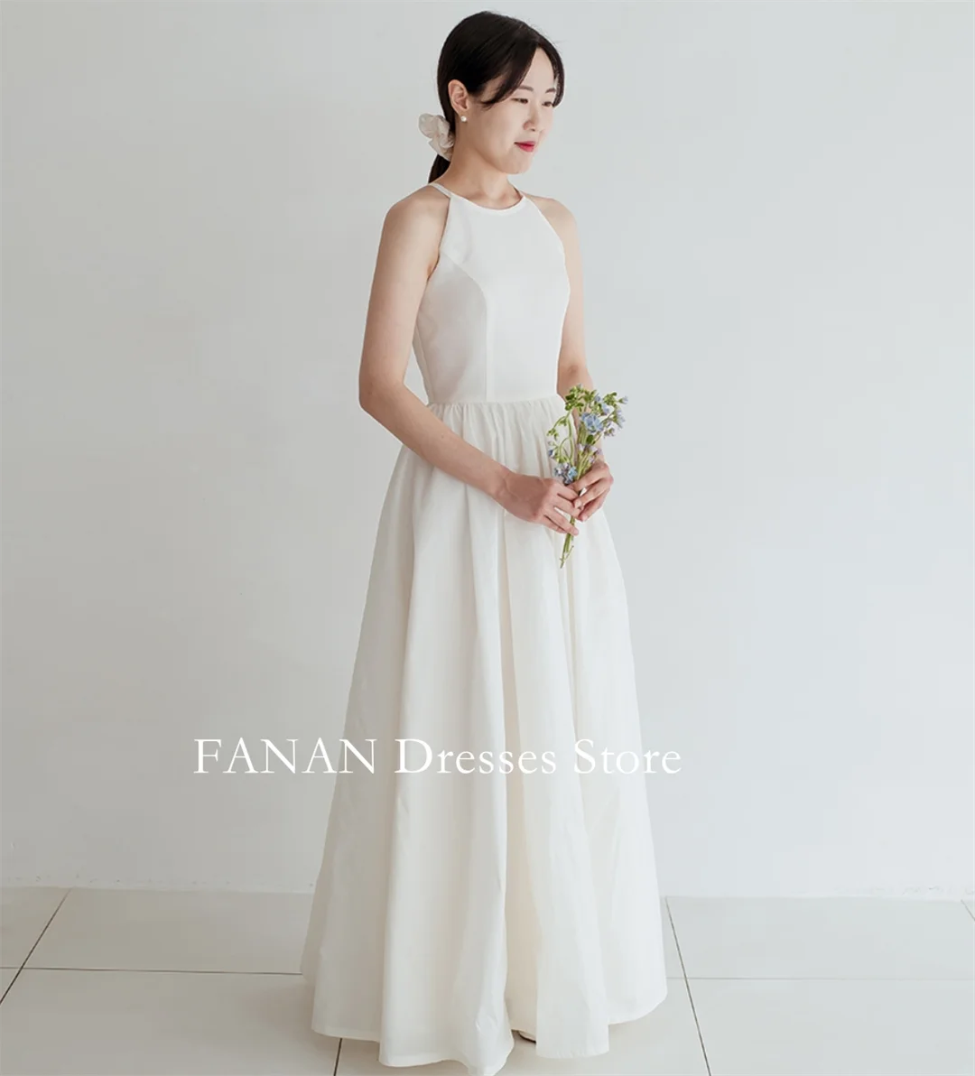 

FANAN Korea Round Neck Sleeveless Wedding Dresses 웨딩드레스 Ivory Vintage A-Line Zipped Satin Custom Made Bride Gowns Plus Size