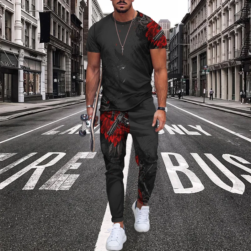 Männer 2-teilige Sets Männer Trainingsanzug 3D gedruckt Casual Trend Übergroße Kleidung Sommer Sportswear Anzug Kurzarm T-shirt Lange Hosen