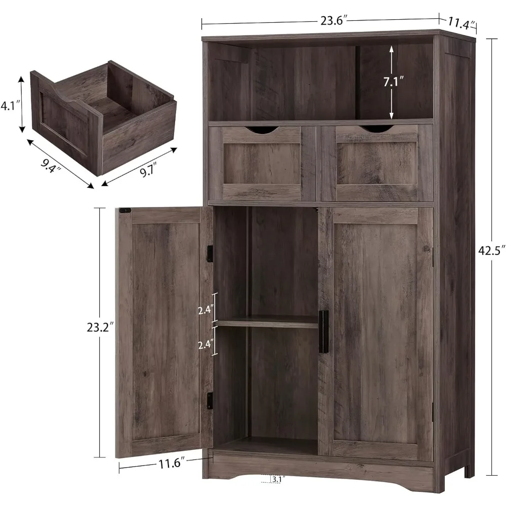 Iwell Large Storage Cabinet with 2 Drawers & 2 Shelves, Bathroom Cabinet, Cupboard for Living Room, Kitchen, Office