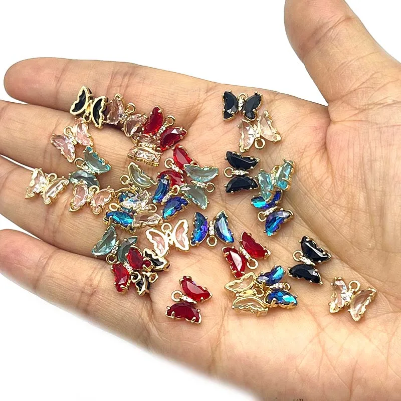 30Pcs Shiny Crystal Butterfly Glass Pendant Copper Border Multicolor Animal Charm DIY Jewelry Making  Supplies  Cute  Sweet Gift