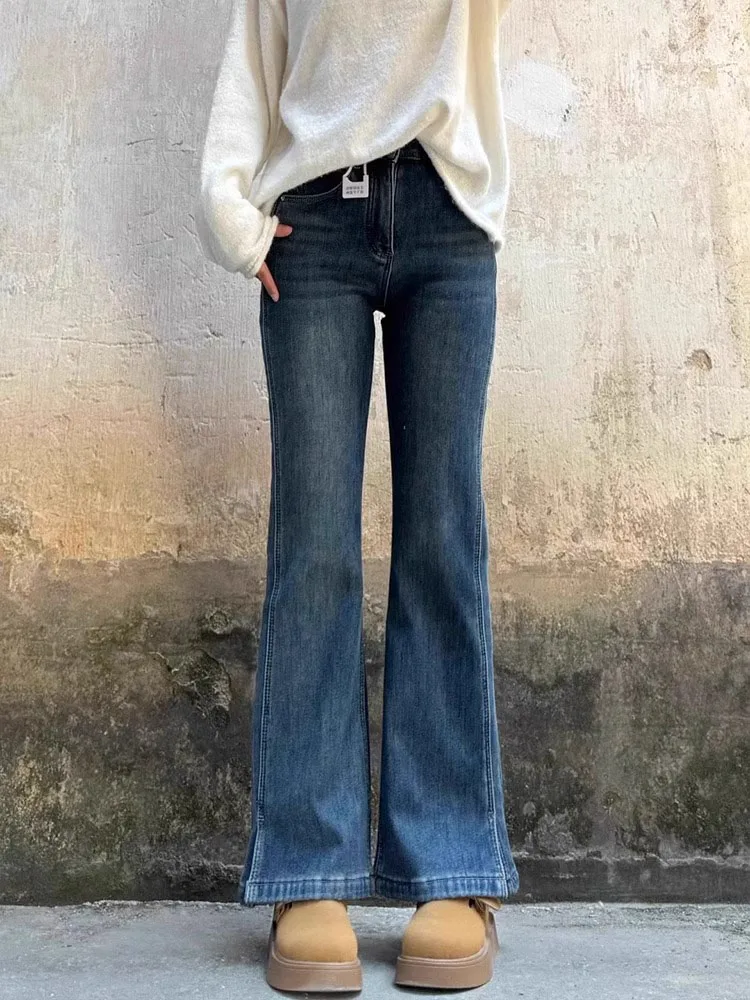 

Blue High Waist Flared Straight Leg Micro Flare Jeans Women's Spring Autumn New Large Size Fat MM Slimming Hip Covering Bell ...