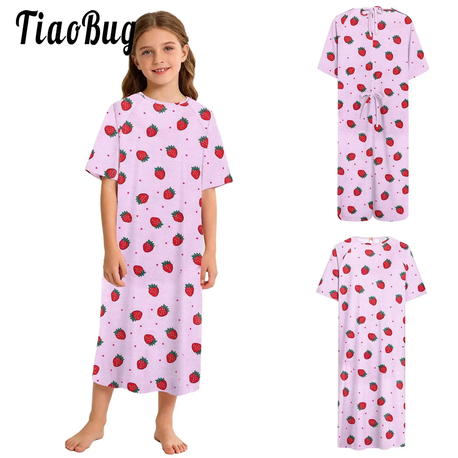 

Kid Girls Loose Nightgowns Sleepwear Pediatric Medical Patient Gown Press Button Short Sleeves Back Split Self-Tie Hospital Gown