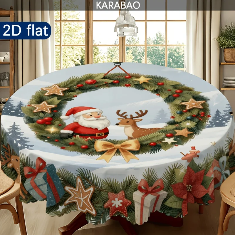 1 Christmas wreath pattern round tablecloth with Santa Claus, reindeer, snowman, gifts and gingerbread star decoration