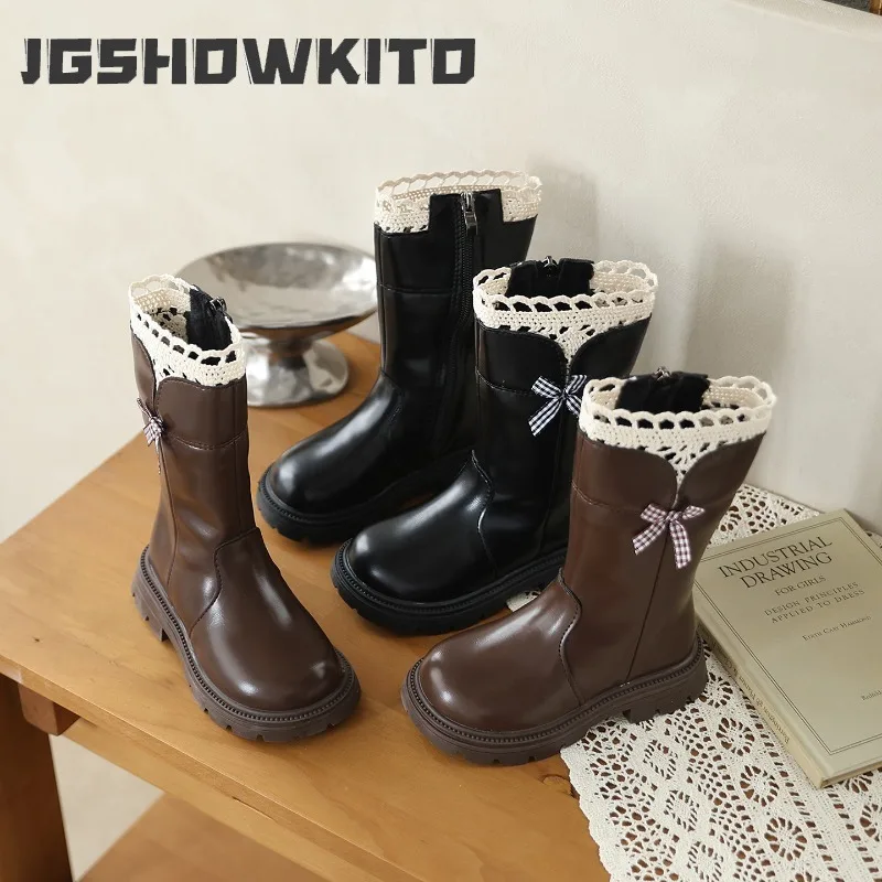 JGSHOWKITO Girl Mid Calf Boots Winter Lace Trim Bow Children Plush Boots Round-toe Non-slip Outdoor Kids Princess Platform Boots