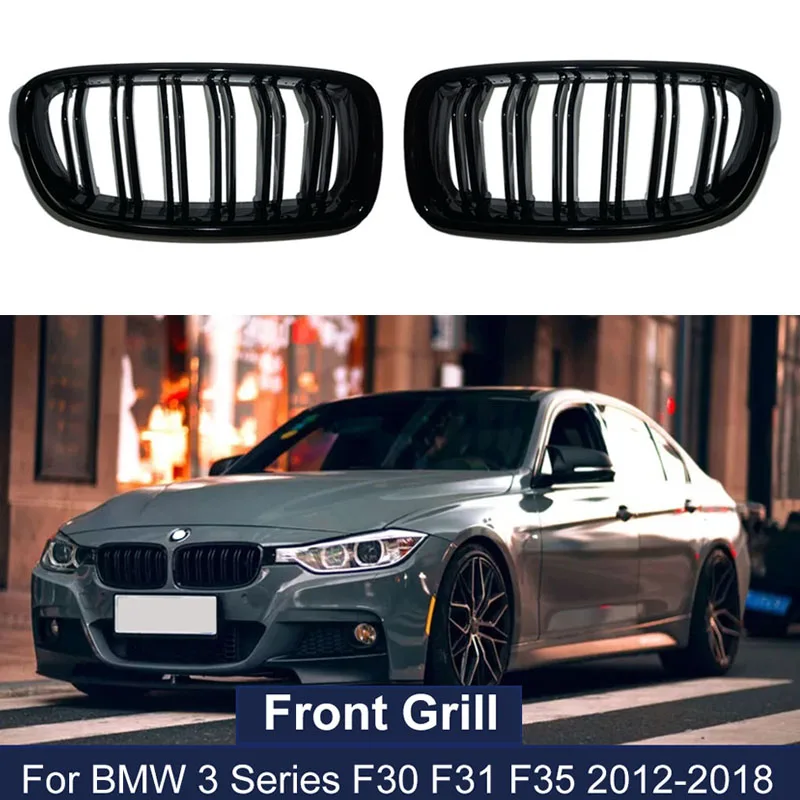 

2Pcs Double Slat Line Grilles Kindey Car Gloss Black Front Bumper For BMW 3-Series F30 F31 F35 2012-2018 Sport Accessorires