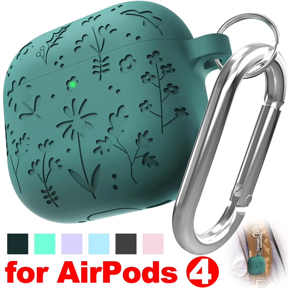 Creative Flora Engraved Earphone Case for Apple AirPods 4 Protectors Holder Shock-Proof Silicone Case with Keychain for AirPods4