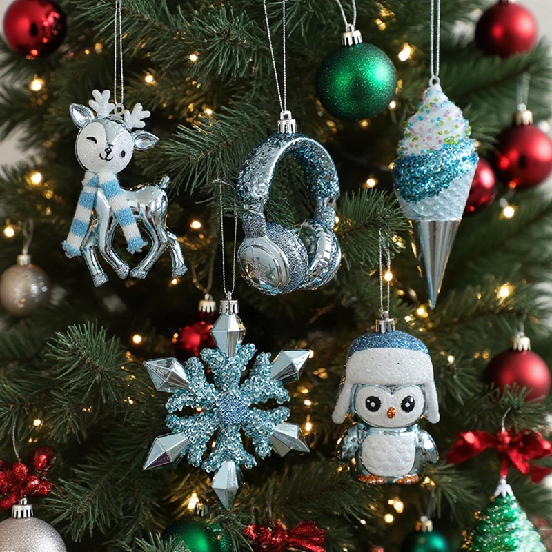 

Christmas Tree Blue Snowflake Sticky Powder Ornaments Hanging Decorations Pendants Xmas DIY Hangings for Home Party Supplies