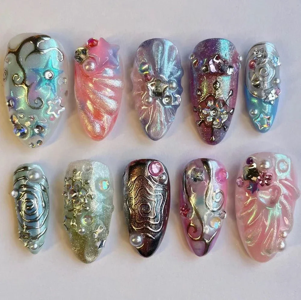 Silver Cool Almond Handwork Press On Nails Art Magic Mirror Powder Mechanical Future Style Bow Star Butterfly Shell Gel Nails