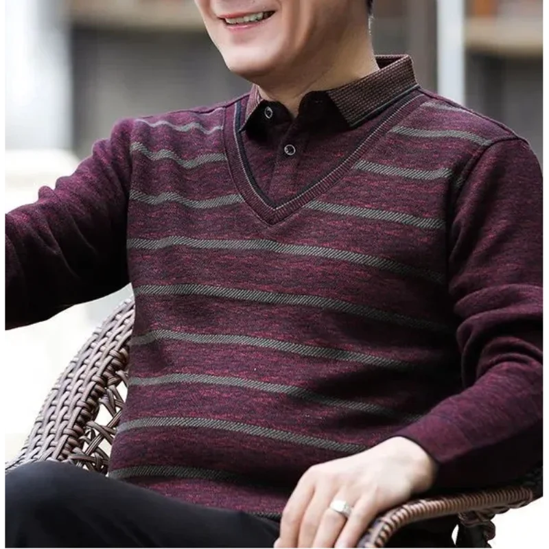 

Осенне-зимний свитер на флисовой подкладке, искусственный трикотаж из двух предметов, верхняя одежда, наряд для папы среднего возраста, универсальная одежда базового слоя