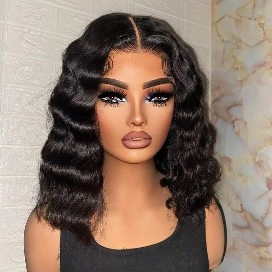200% Peluca Bob de onda profunda corta de 14 pulgadas cabello humano prearrancado con pelo de bebé pelucas frontales de encaje 13X4 pelucas de encaje transparente HD
