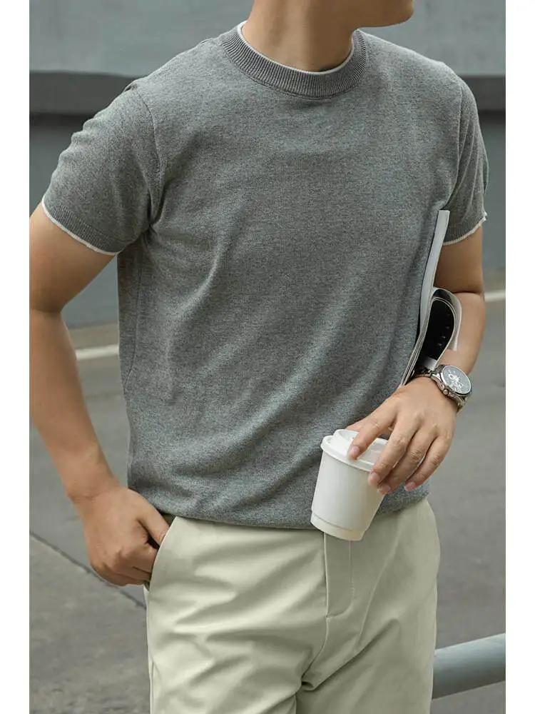 American Casual Style Men's Knitted Short Sleeve T-Shirt Layering Clothing Bright Thread Loose Fit Summer Breathable Polyeste...