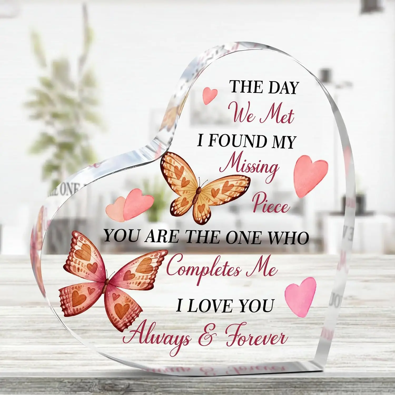 Heart‑Shaped Acrylic Plaque The Day We Met I Found My Missing Piece Watercolor Butterfly Hearts Freestanding Romantic Keepsake Gift