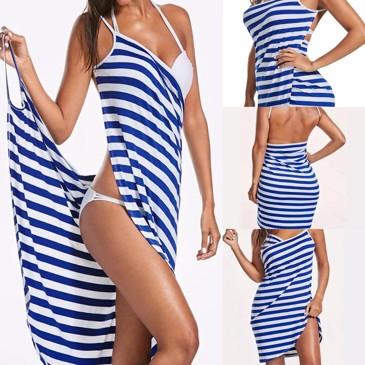 Summer Sexy Backlessl Solid Color Striped Beach Dress Wrap Women Bath Towels Sling Clothes Robe De Plage Beach Dress Holiday
