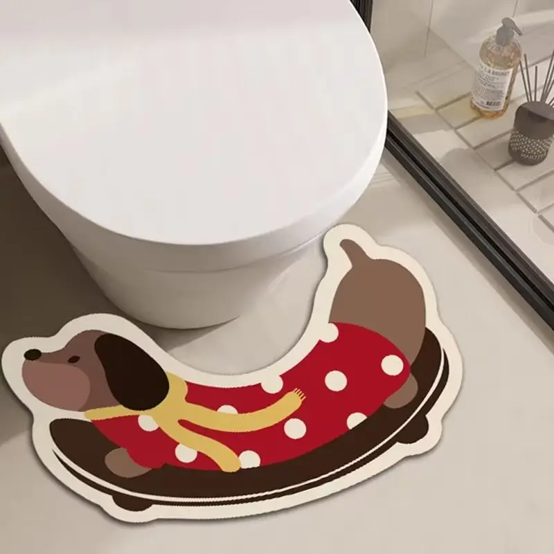 VIKAMA Hot Dog Sausage Dog U-Shaped Toilet Seat Cover, Fun Sausage Dog Print Absorbent Non-Slip Bathroom Rug, Home Decor