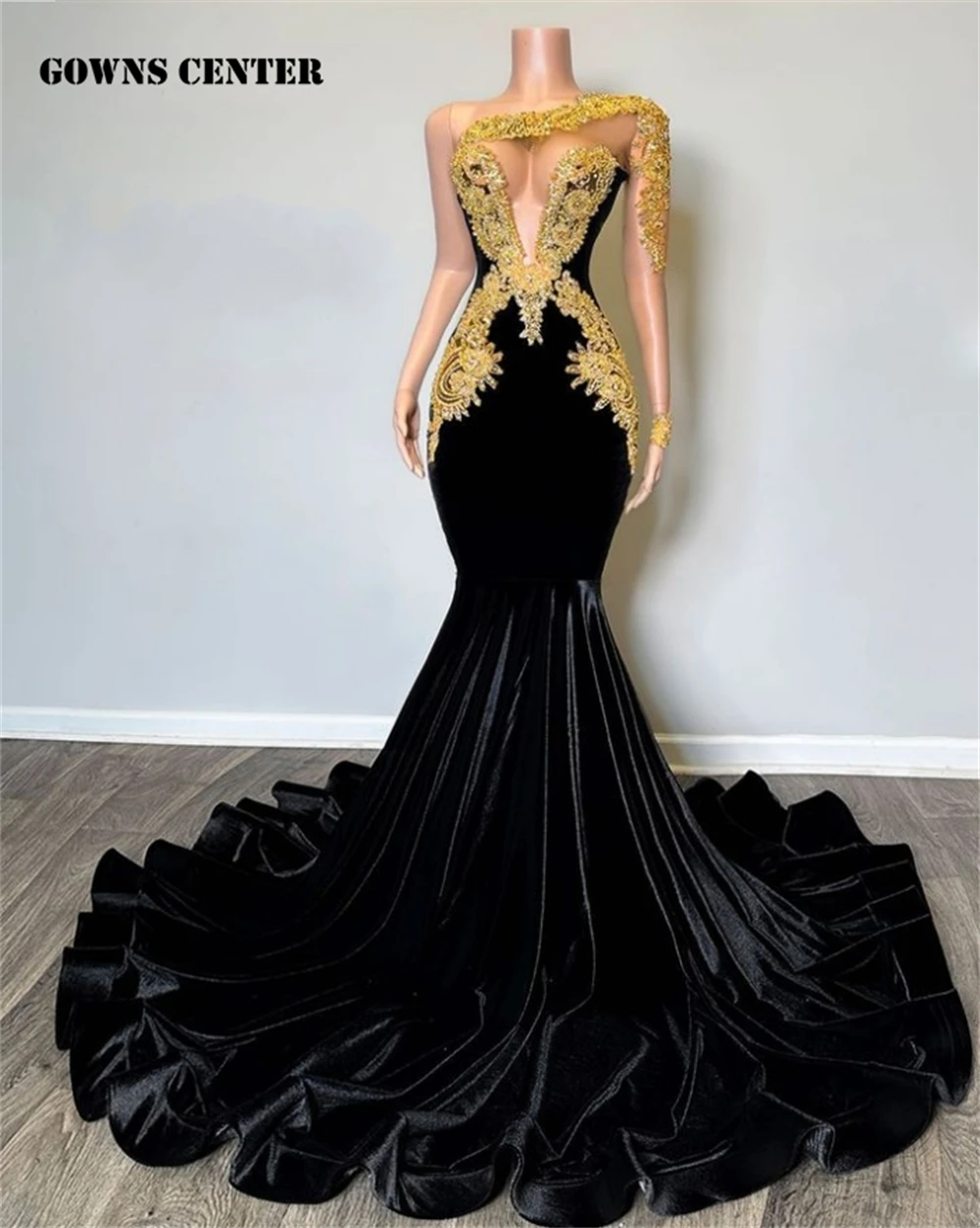 Gold Beaded Lace Appliques One Shoulder Long Sleeve Black Velvet Prom Dresses For Party Wedding Evening Black Girls Customized