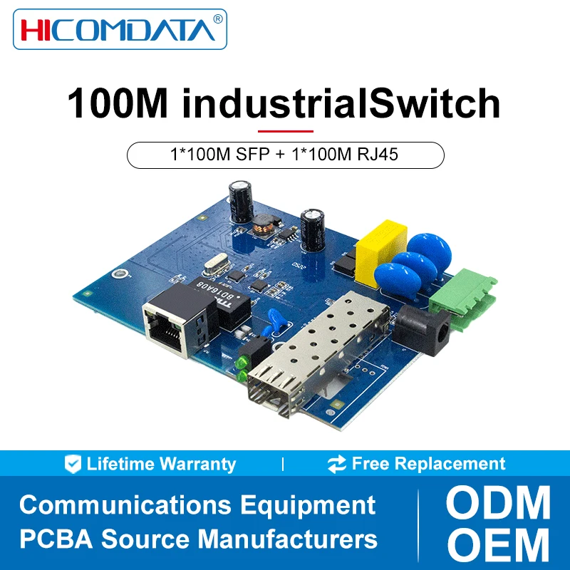 2-Ports Industrial 100M Switch PCBA 1*100M SFP port and 1*10/100M RJ45 ports，Fiber optical port support SFP module