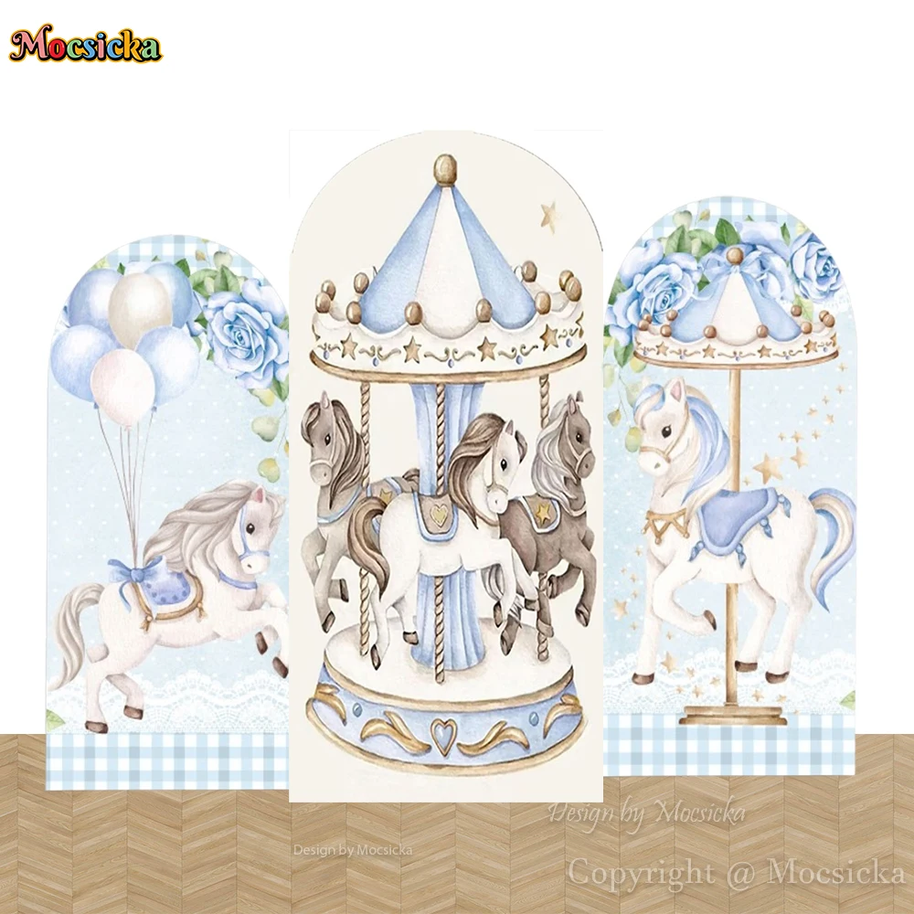 Mocsicka كاروسيل موضوع حفلة قوس خلفية التصوير الفوتوغرافي الأزرق الوردي الأزهار بالون خلفية ديكور صبي فتاة عرض الطفل استوديو الصور