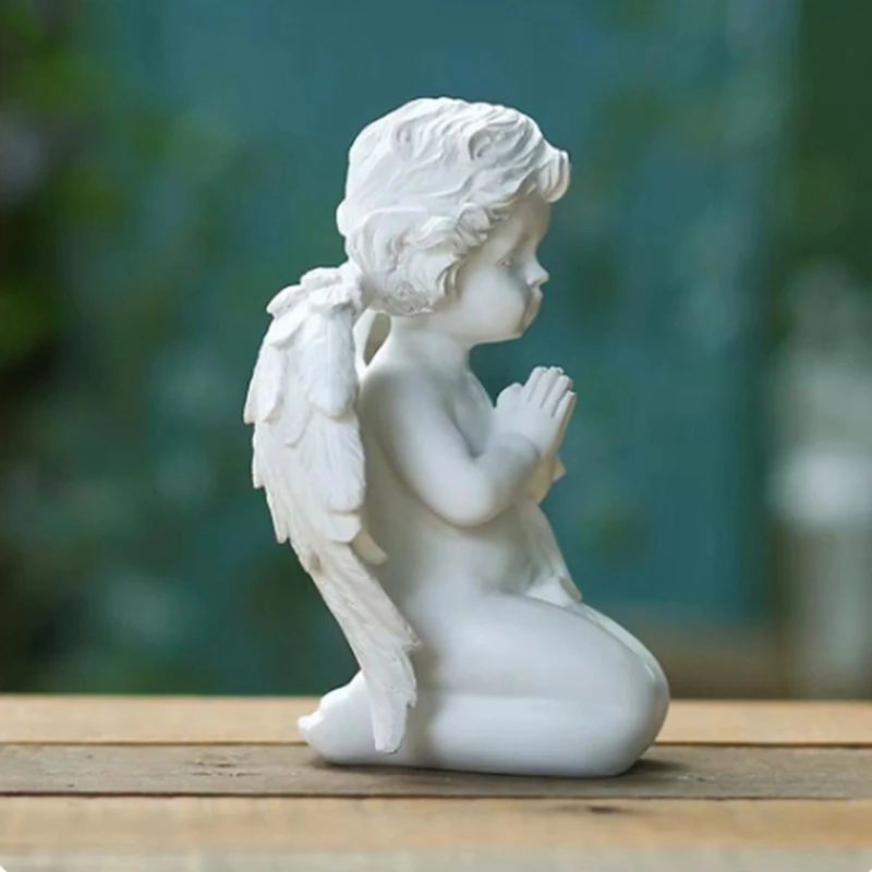 Kneeling Praying Pure White Angel With Wing Resin Garden Statue Memorial Resin Yard Figurine Garden Statue Gift