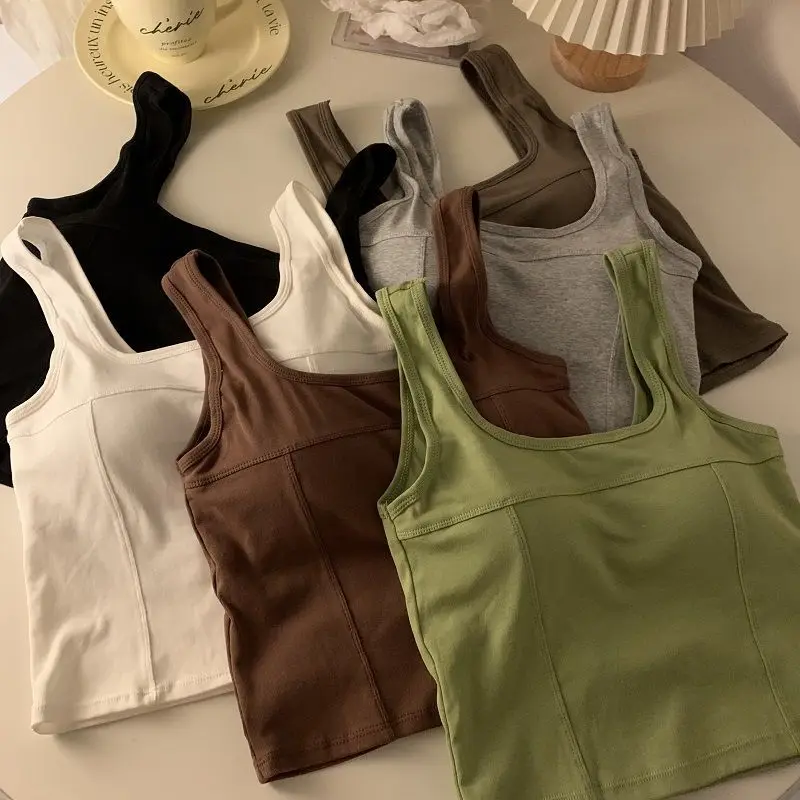 Canotta da donna con reggiseno incorporato Cropped Summer Korean Ladies Solid Casual Crop Top donna senza maniche canotta abbigliamento femminile