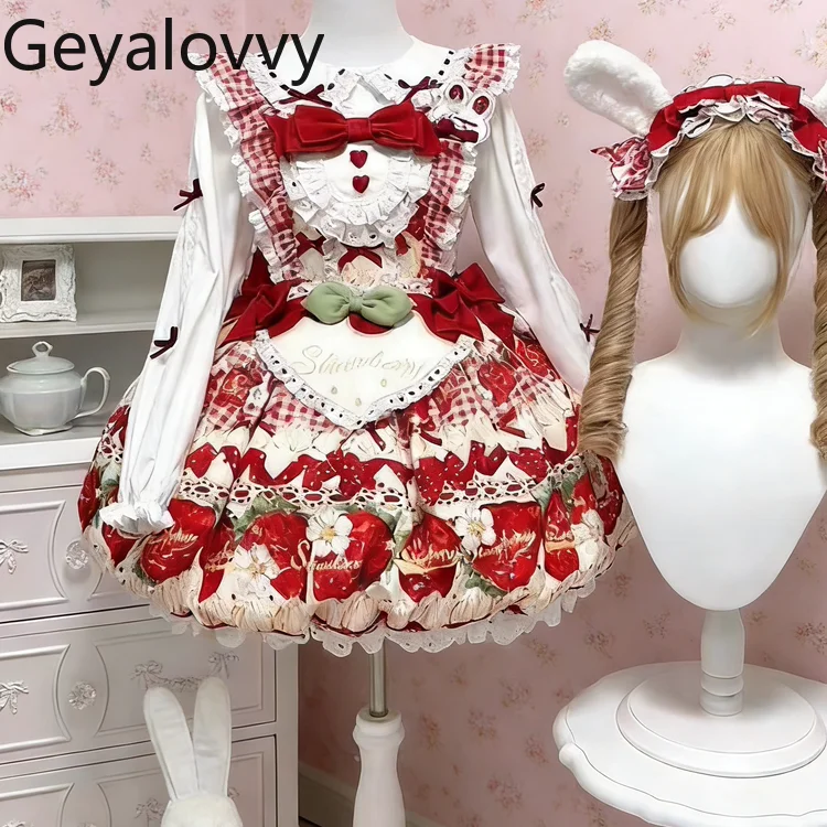 

Комплект: Платье-сарафан JSK с завышенной талией и принтом, а также белый топ с длинными рукавами в стиле Лолита. Новинка 2026 года для милых девушек.