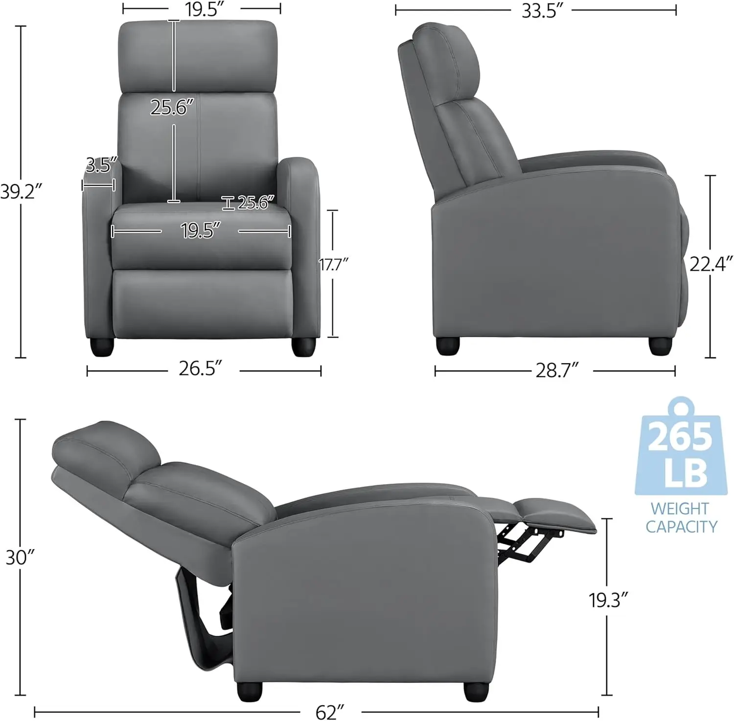 Sofá de cuero PU con soporte lumbar, asiento de cine en casa, lleno de empuje de esponja de alta densidad, gris plateado