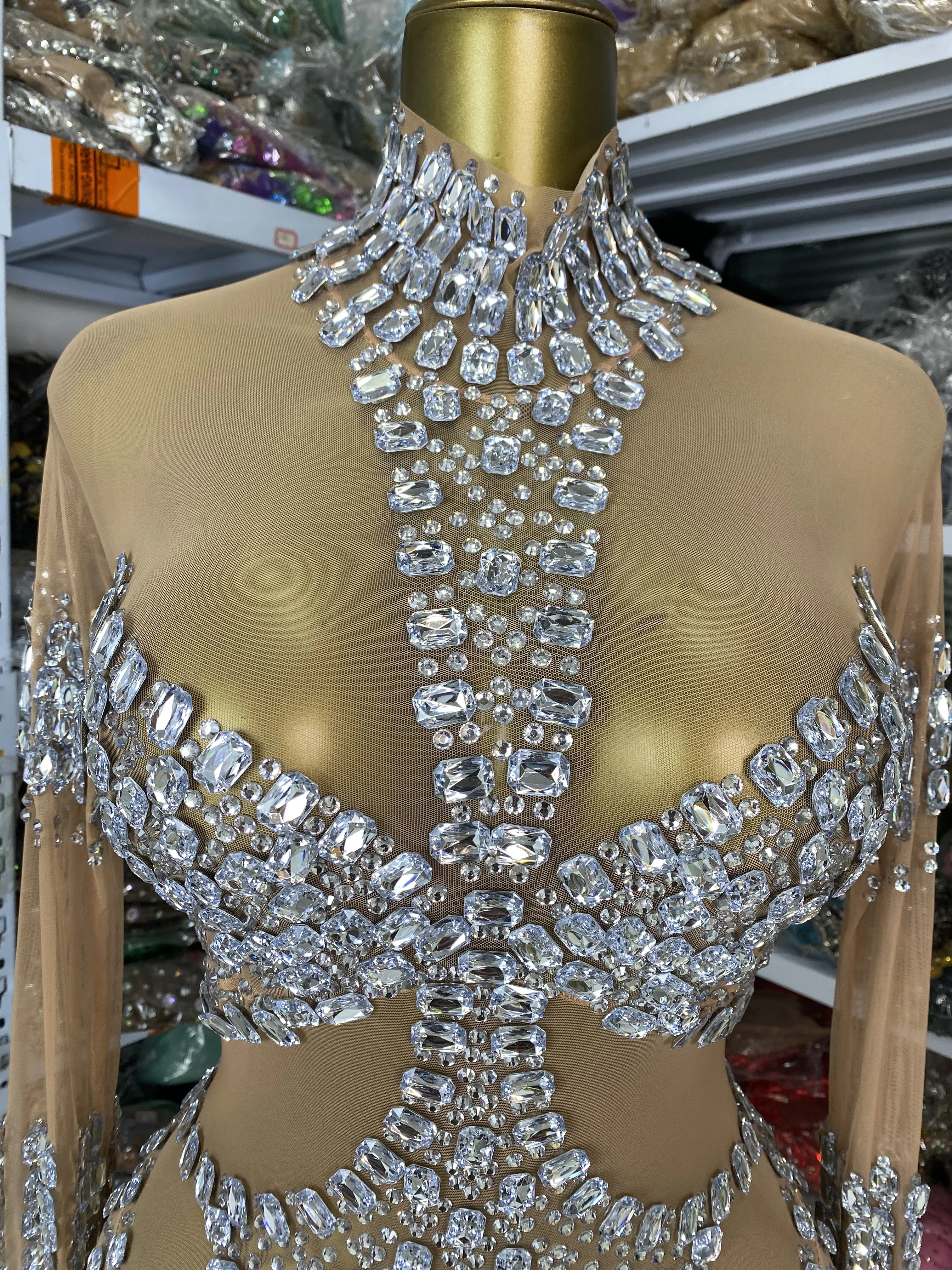 

Women Stage Costumes Beige Soft Mesh Big Rhinestones Jumpsuits Special Occassion Y2K Topic Party Nightbar Club DJ Gogo Dress