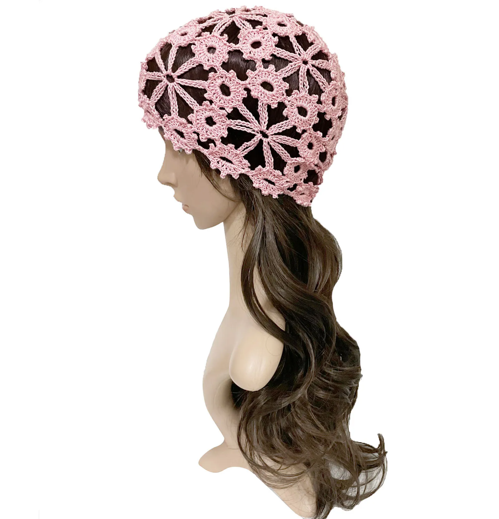 Bomhcs feminino laço crochê crânio bonés floral beanie feito à mão malha chapéus ocos